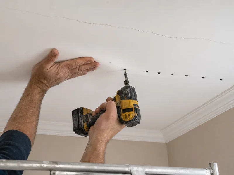 Re-screwing a cracked ceiling panel back to the framing