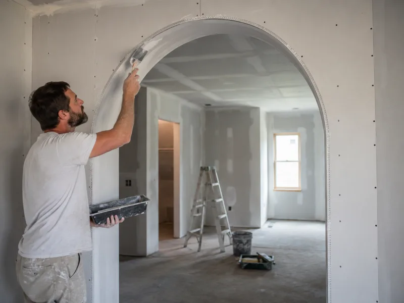 Finisher coating a corner-beaded drywall archway