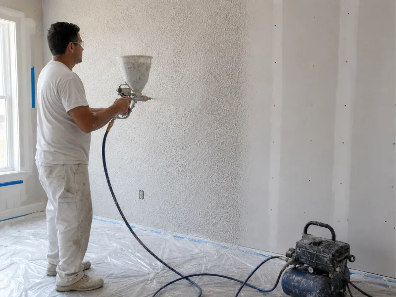 Finisher spraying wall texture with a hopper gun