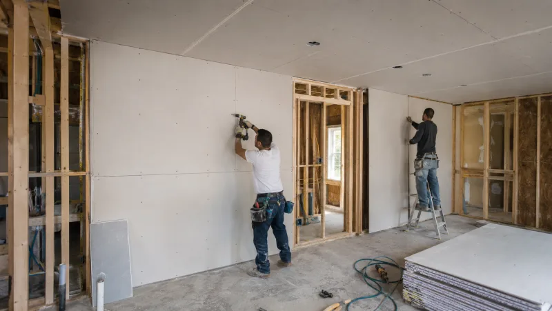 Crew screwing off drywall panels on a wood-framed interior wall