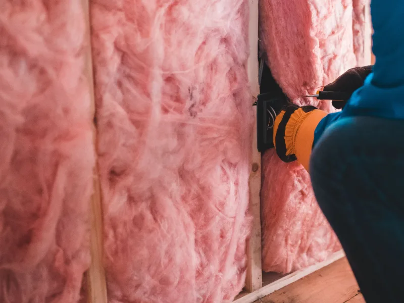 Fiberglass batts trimmed around an electrical box in an open stud bay