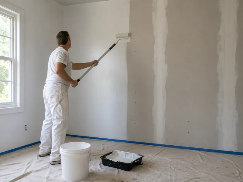 Painter rolling primer over taped drywall seams and compound