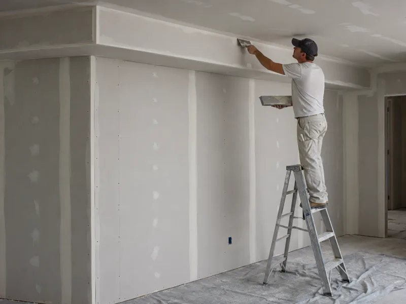 Finisher coating a gypsum-board soffit box along the ceiling
