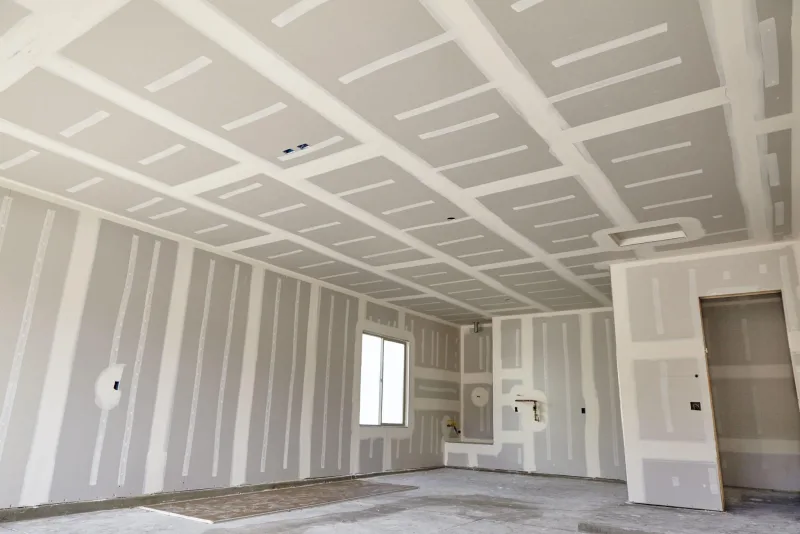 Taped drywall on an attached-garage wall and ceiling separation