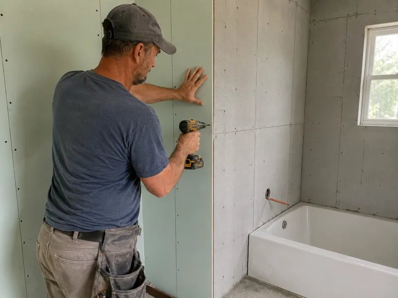 Green moisture-resistant board hung beside cement backer board at a tub alcove