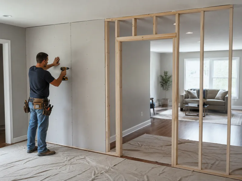 New partition wall framed with a door opening and half boarded