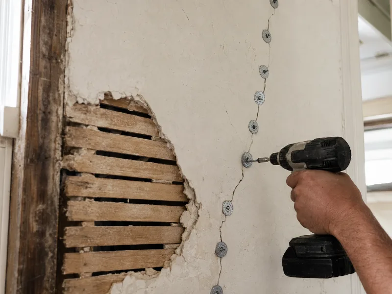 Plaster washers drawing a cracked plaster wall back to its wood lath