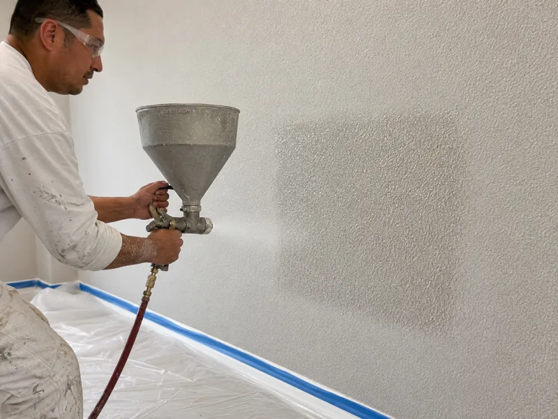 Spraying a wet texture test patch to match the surrounding wall