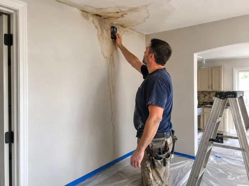 Contractor checking a water-stained ceiling corner with a moisture meter